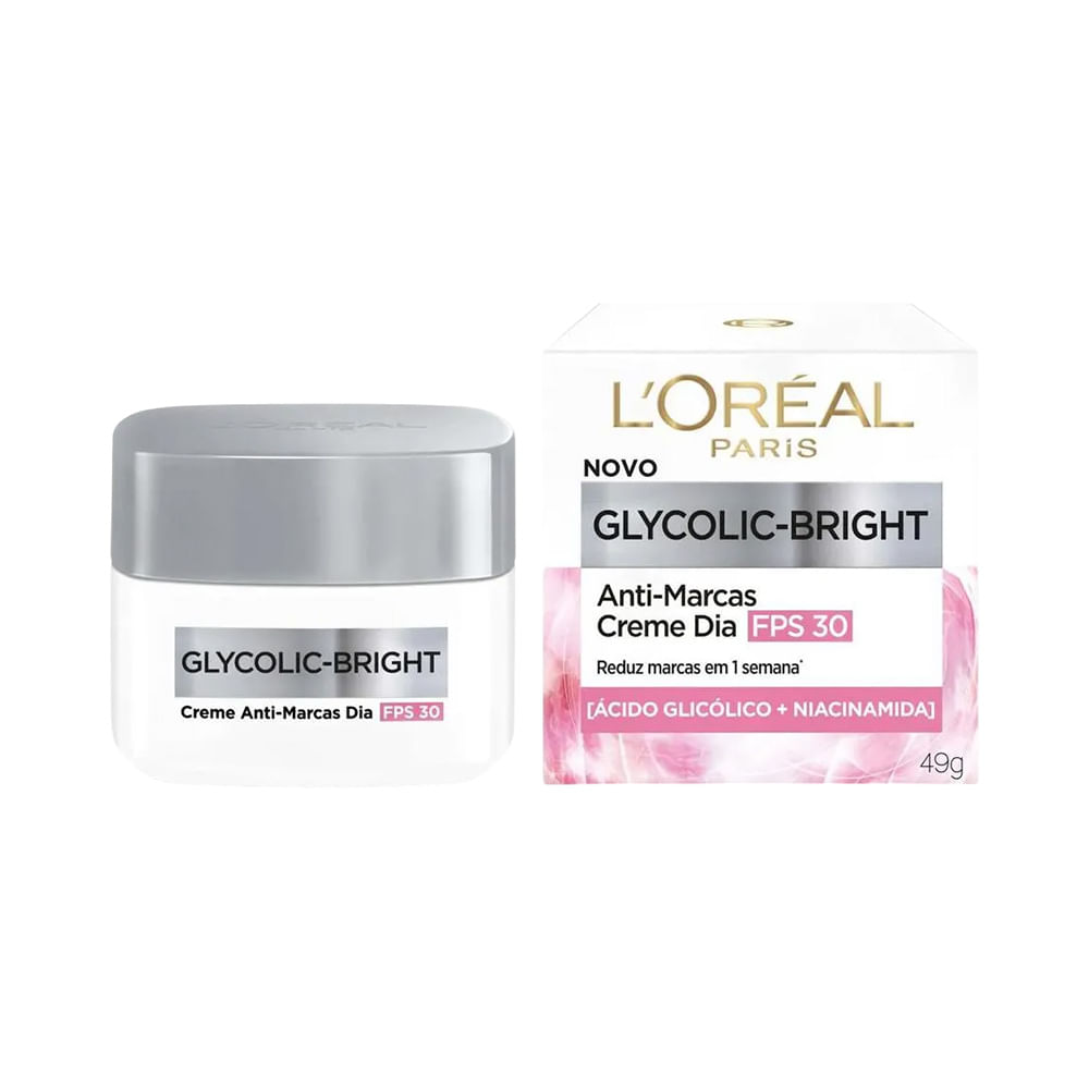 Creme facial L'Oréal Glycolic Bright Dia FPS 30 49g com embalagem branca e tampa cinza prateada